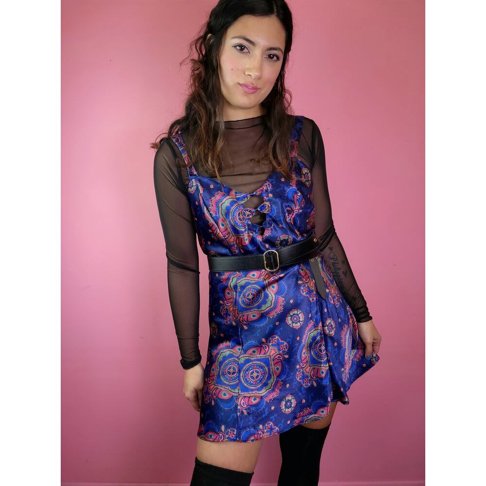 Vintage 1990's Liquid Satin Blue and Pink Slip Dress Peek-a-Boo Bow Bodice